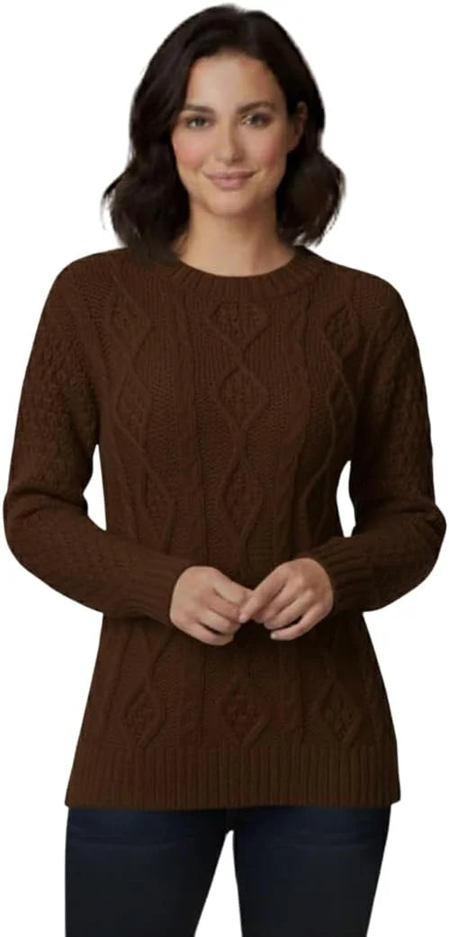 Ladies chunky diamond cable knit long sleeve sweater in Mocha color