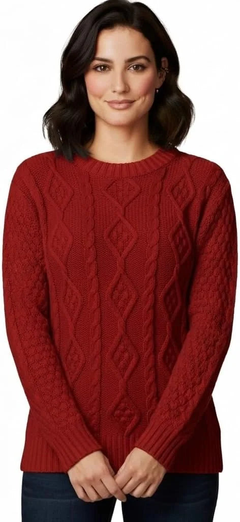 Ladies chunky diamond cable knit long sleeve sweater in Red color