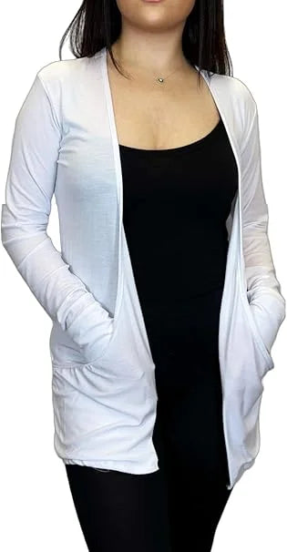 Ladies long sleeve open front pocket cardigan in White color