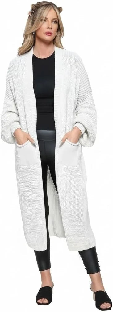 Ladies oversized long cardigan with balloon sleeves and chunky ribbed knit in Cream color