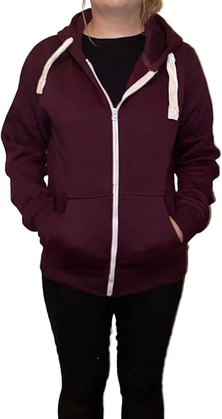 Ladies fleece hooded top with zipper in Wine color