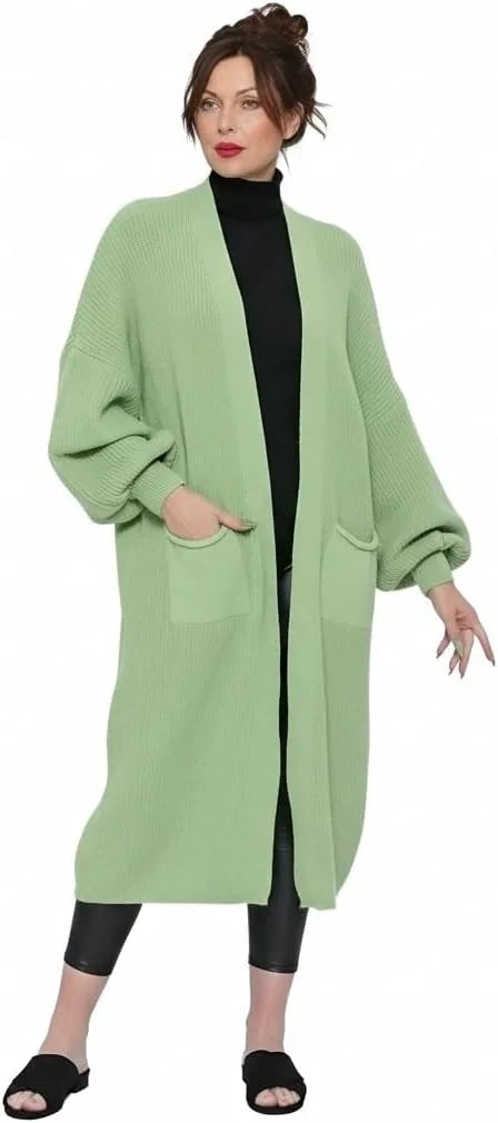 Ladies oversized long cardigan with balloon sleeves and chunky ribbed knit in Sage color