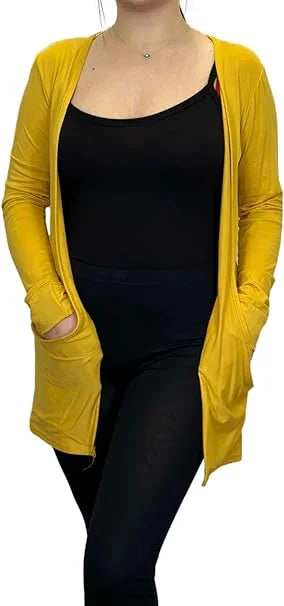 Ladies long sleeve open front pocket cardigan in Mustard color