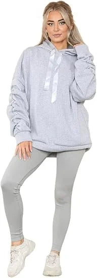 Women’s ruched sleeve oversized hoodie with ribbon detail in Grey color