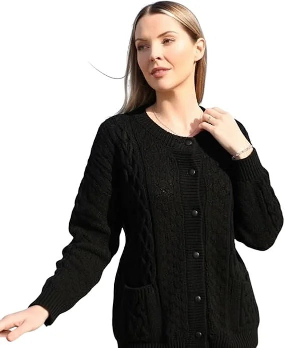 Ladies long sleeve cable knit cardigan with pockets in Black color