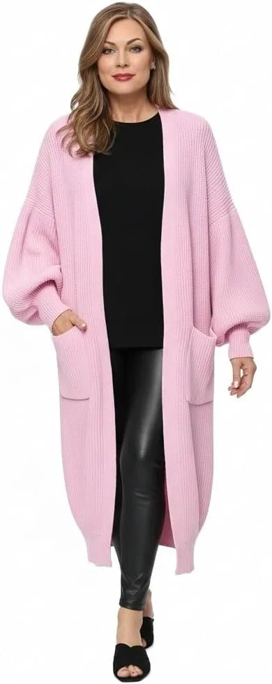 Ladies oversized long cardigan with balloon sleeves and chunky ribbed knit in Pink color