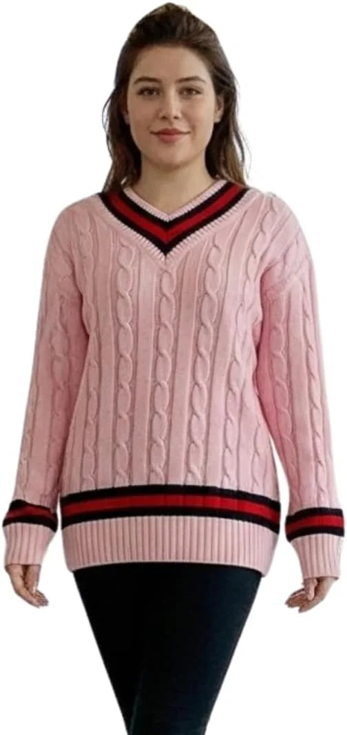 Women’s cable knitted V-neck cricket sweater in Pink color