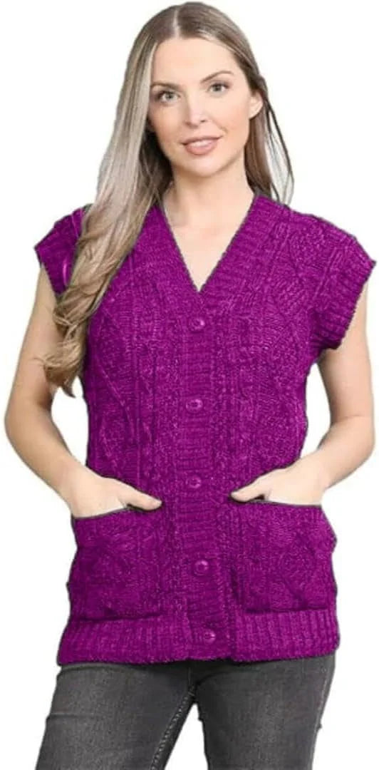 Ladies sleeveless cable knit cardigan vest with 5 buttons and 2 pockets in Purple color
