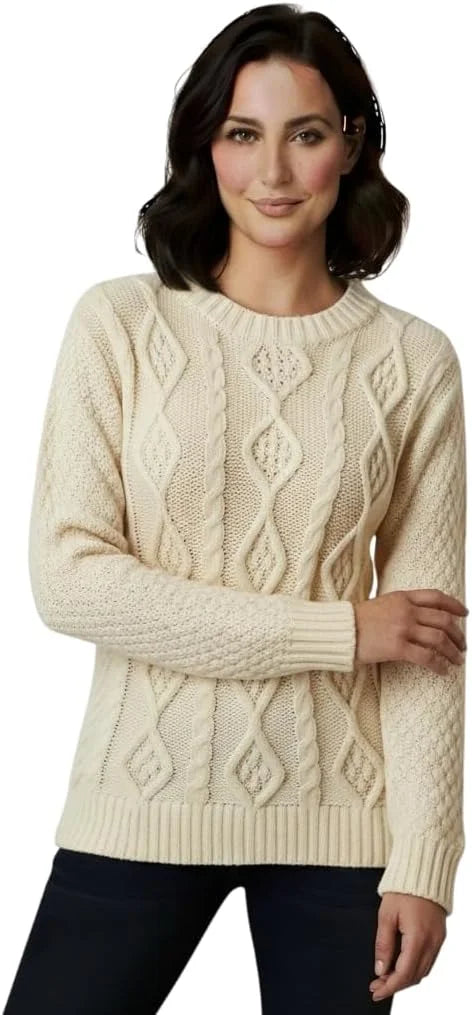 Ladies chunky diamond cable knit long sleeve sweater in Cream color