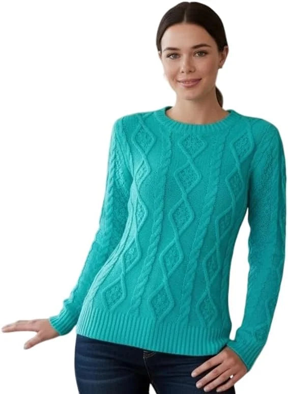 Ladies chunky diamond cable knit long sleeve sweater in Turquoise color