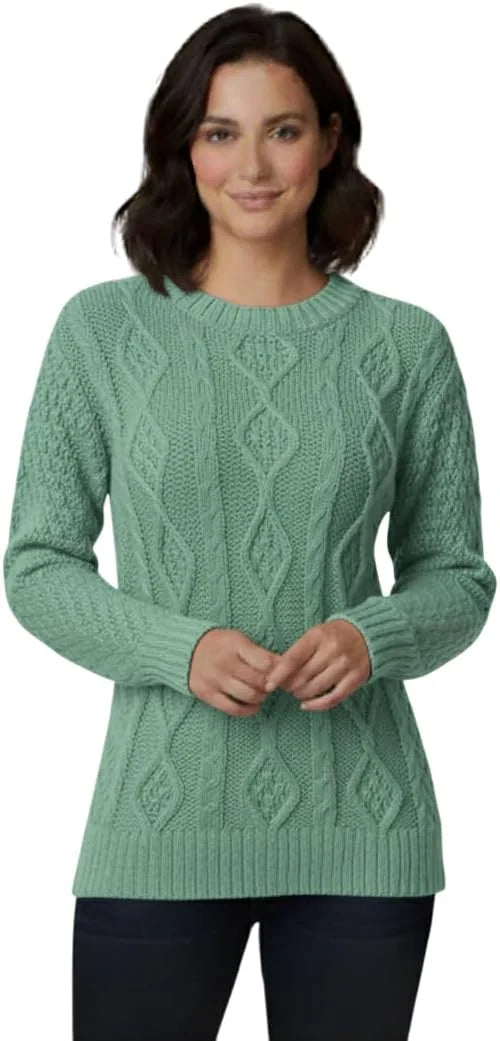 Ladies chunky diamond cable knit long sleeve sweater in Mint color