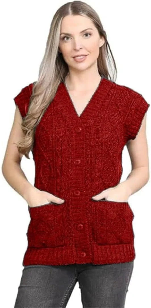 Ladies sleeveless cable knit cardigan vest with 5 buttons and 2 pockets In Wine color