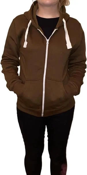 Ladies fleece hooded top with zipper in Olive color