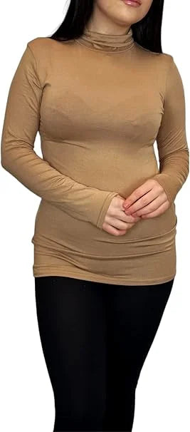 Ladies polo roll neck long sleeve jumper in Camel color