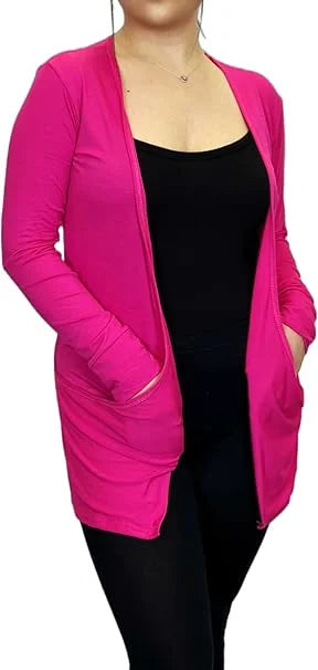 Ladies long sleeve open front pocket cardigan in Cerise color