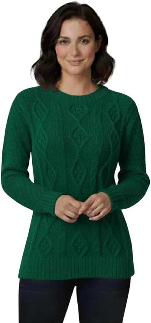 Ladies chunky diamond cable knit long sleeve sweater in Jade Green color