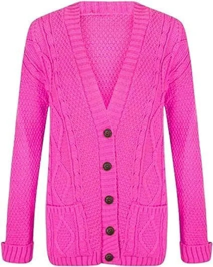 Women’s chunky Aran cable knit button cardigan in Cerise color