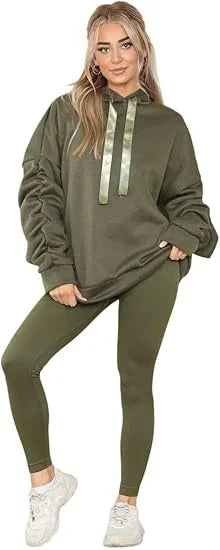 Women’s ruched sleeve oversized hoodie with ribbon detail in Khaki color