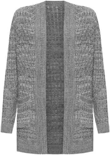 Women’s cable knitted open front cardigan with pockets in Grey color