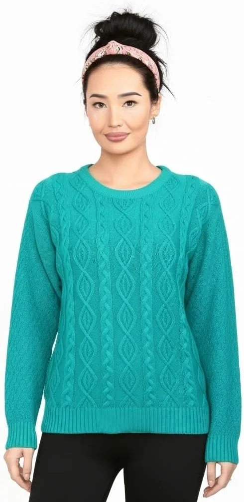 Ladies chunky diamond cable knit long sleeve sweater in Aqua color