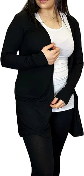 Ladies long sleeve open front pocket cardigan in Black color 