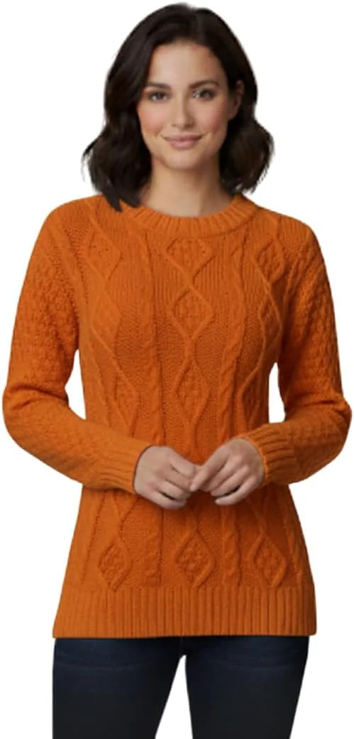 Ladies chunky diamond cable knit long sleeve sweater in Orange color