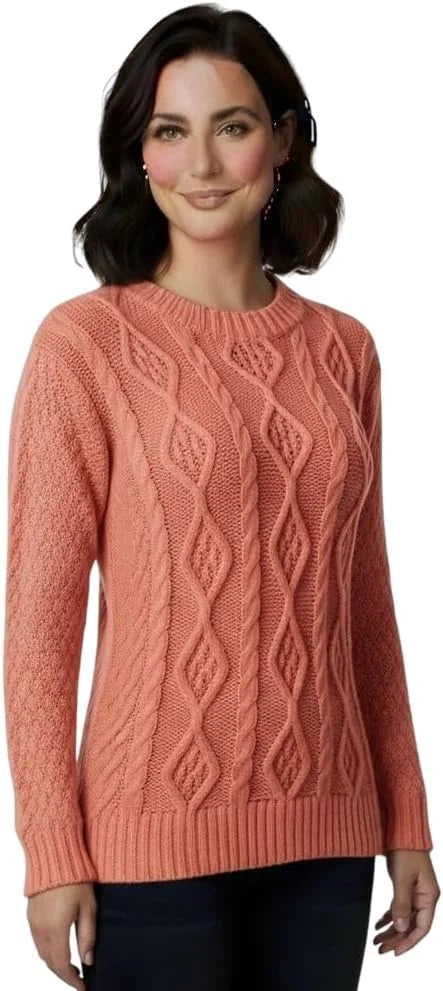 Ladies chunky diamond cable knit long sleeve sweater in Coral color