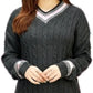 Women’s cable knitted V-neck cricket sweater in Charcoal color