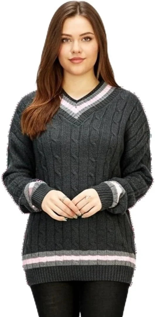 Women’s cable knitted V-neck cricket sweater in Charcoal color