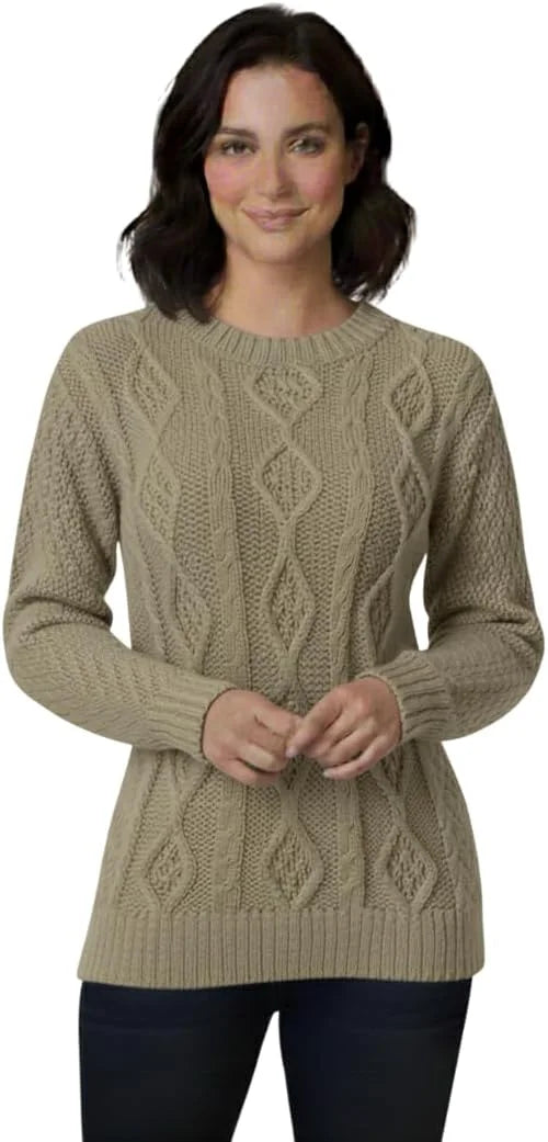 Ladies chunky diamond cable knit long sleeve sweater in Khaki color