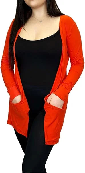 Ladies long sleeve open front pocket cardigan in Orange color