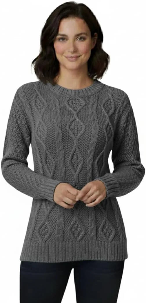 Ladies chunky diamond cable knit long sleeve sweater in Charcoal color