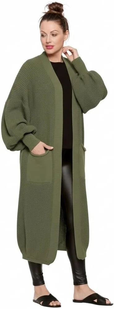 Ladies oversized long cardigan with balloon sleeves and chunky ribbed knit in Khaki color