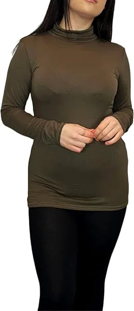 Ladies polo roll neck long sleeve jumper in Khaki color