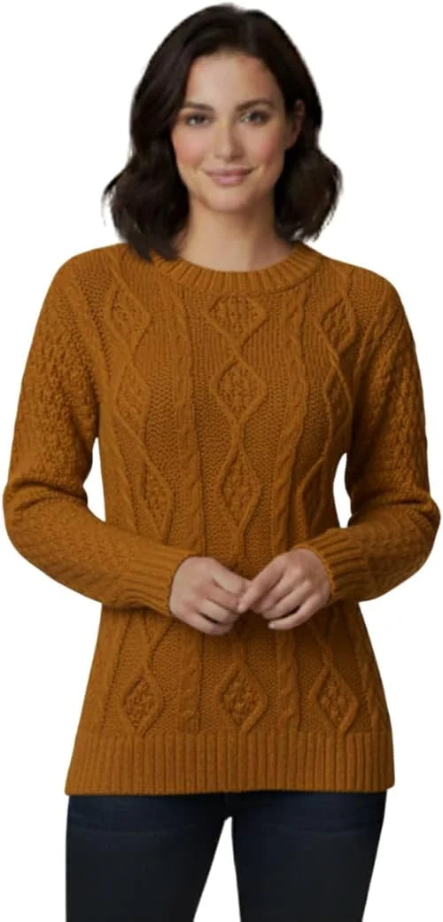 Ladies chunky diamond cable knit long sleeve sweater in Orange color