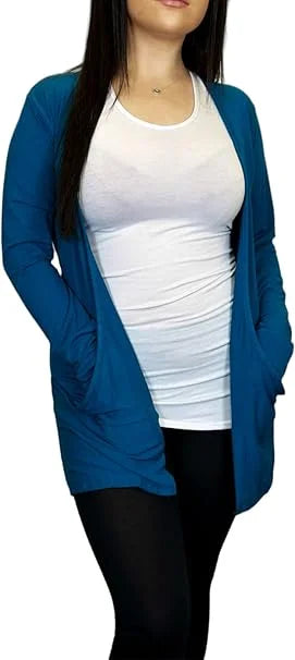 Ladies long sleeve open front pocket cardigan in Teal color