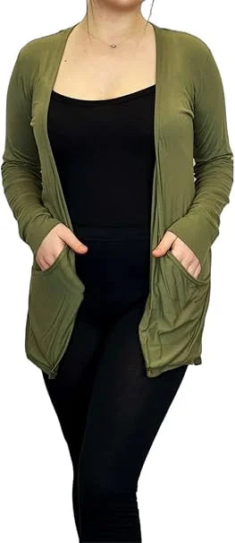 Ladies long sleeve open front pocket cardigan in Khaki color