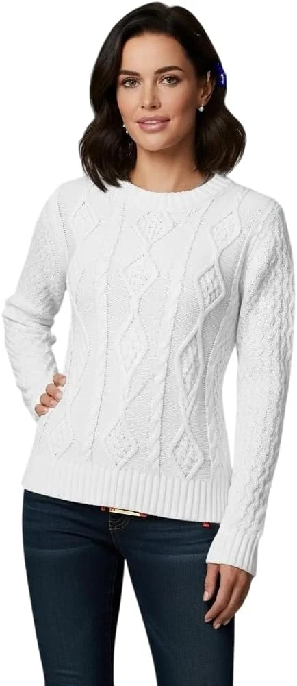 Ladies chunky diamond cable knit long sleeve sweater in White color