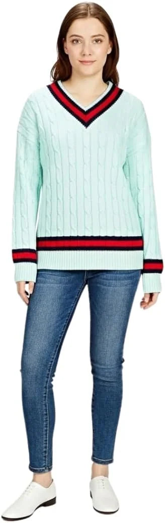 Women’s cable knitted V-neck cricket sweater in Turquoise color