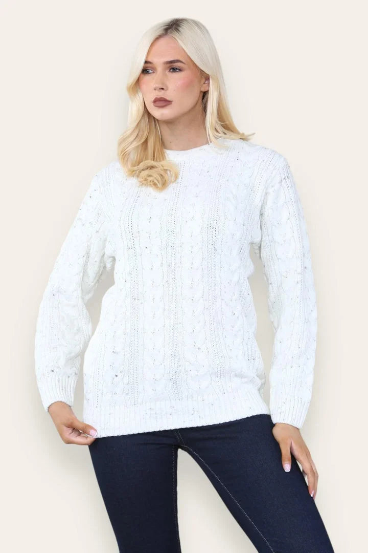 Ladies crew neck thick knit jumper in White color