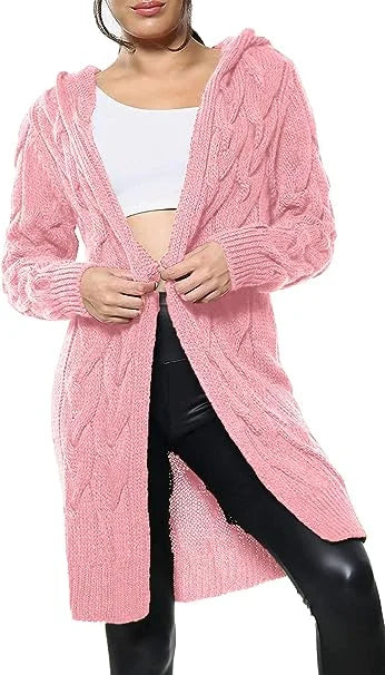 Ladies oversized long hooded cable knit cardigan in Rose Pink color