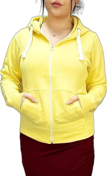 Ladies fleece hooded top with zipper in Lemon color