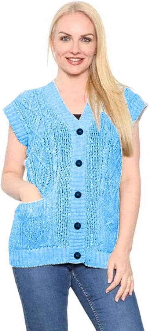 Ladies sleeveless cable knit cardigan vest with 5 buttons and 2 pockets in Sky Blue color