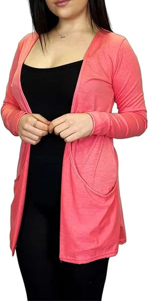 Ladies long sleeve open front pocket cardigan in Coral color