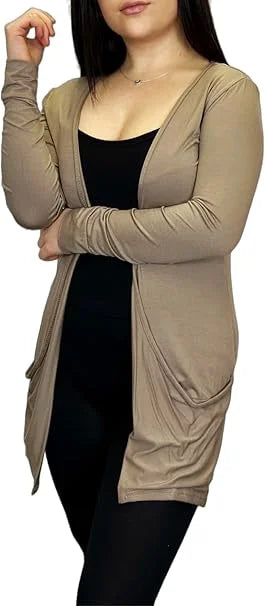 Ladies long sleeve open front pocket cardigan in Mocha color