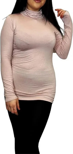 Ladies polo roll neck long sleeve jumper in Rose Pink color