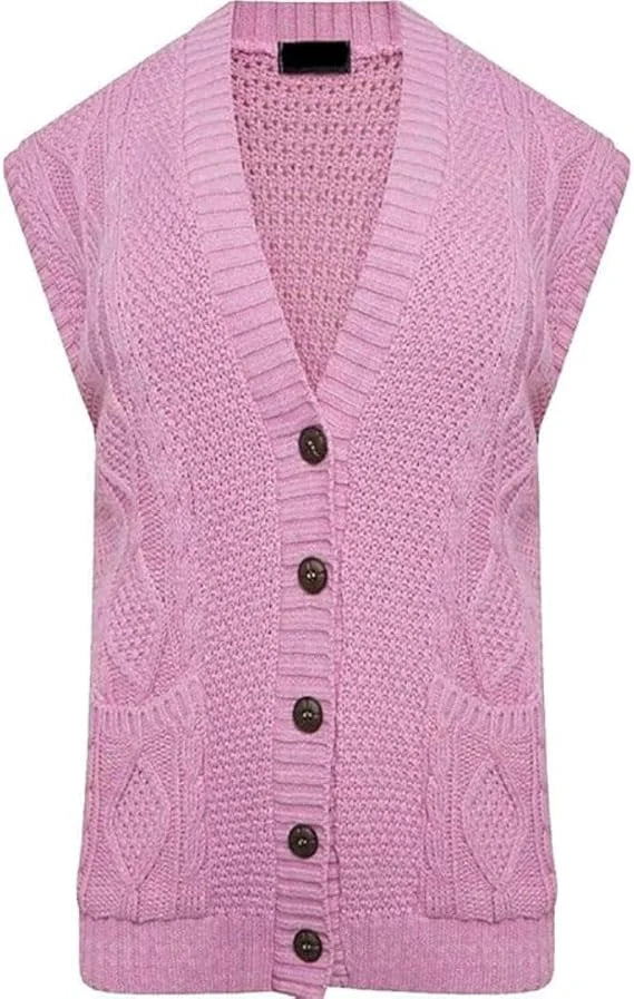 Ladies sleeveless cable knit cardigan vest with 5 buttons and 2 pockets in Pink color