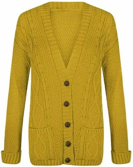 Women’s chunky Aran cable knit button cardigan in Mustard color