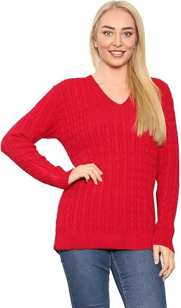 Ladies long sleeve V-neck cable knit jumper in Red color