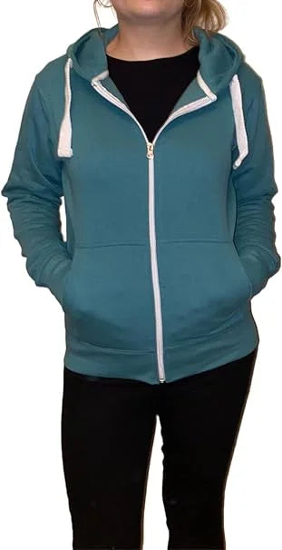 Ladies fleece hooded top with zipper in Teal color